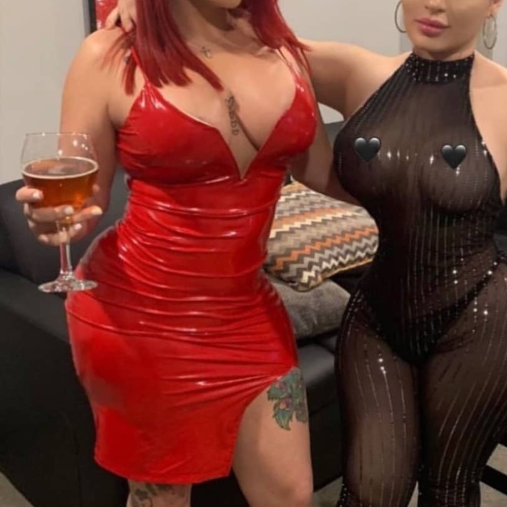 Red faux leather dress